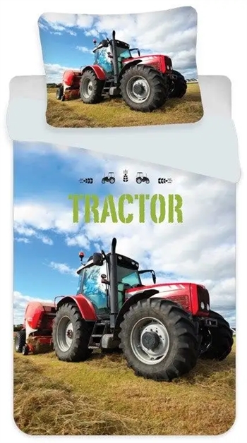 Se Traktor junior sengetøj 100x140 cm - sengesæt med rød traktor - 2 i 1 design - 100% bomuld hos Dynezonen.dk